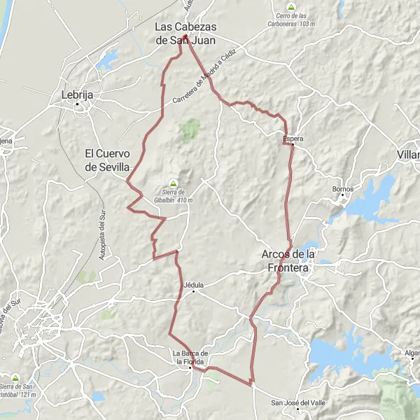 Miniatura della mappa di ispirazione al ciclismo "Gravel Tra i Pueblos Blancos" nella regione di Andalucía, Spain. Generata da Tarmacs.app, pianificatore di rotte ciclistiche