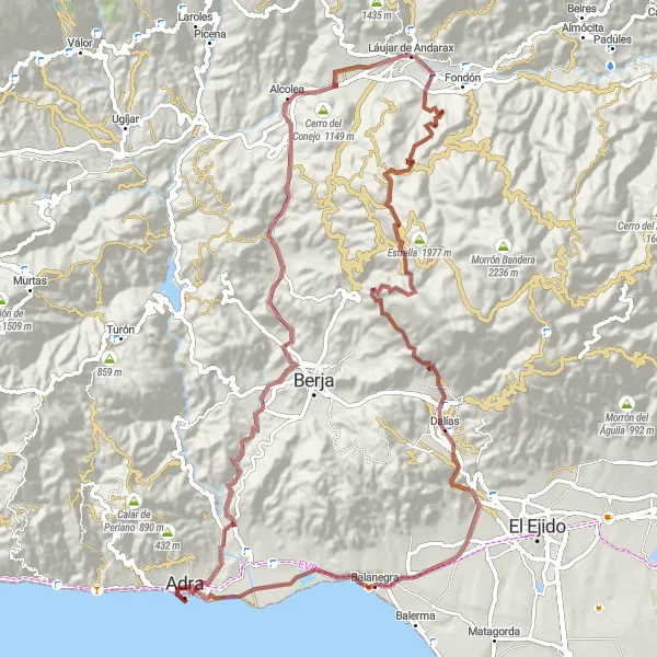 Miniatura della mappa di ispirazione al ciclismo "Esplorazione Off-Road tra Natura e Cultura" nella regione di Andalucía, Spain. Generata da Tarmacs.app, pianificatore di rotte ciclistiche