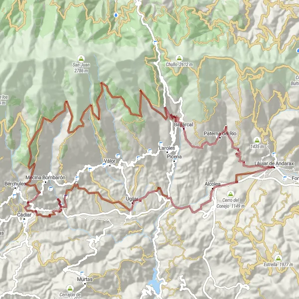 Miniatura della mappa di ispirazione al ciclismo "Giro in Gravel da Laujar de Andarax" nella regione di Andalucía, Spain. Generata da Tarmacs.app, pianificatore di rotte ciclistiche