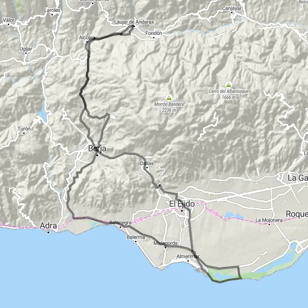 Miniatua del mapa de inspiración ciclista "Ruta de los Pueblos de Almería" en Andalucía, Spain. Generado por Tarmacs.app planificador de rutas ciclistas