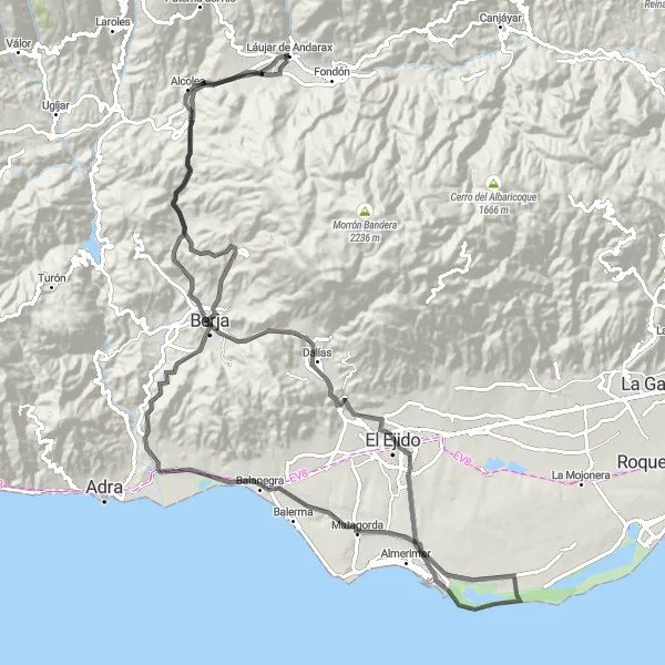 Miniatura della mappa di ispirazione al ciclismo "Viaggio Panoramico tra Monti e Mare" nella regione di Andalucía, Spain. Generata da Tarmacs.app, pianificatore di rotte ciclistiche