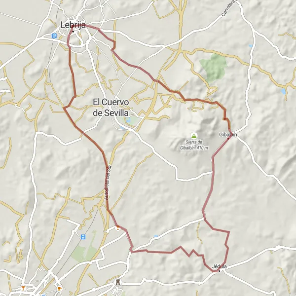 Miniaturní mapa "Cyklistika po štěrku kolem Lebrije" inspirace pro cyklisty v oblasti Andalucía, Spain. Vytvořeno pomocí plánovače tras Tarmacs.app