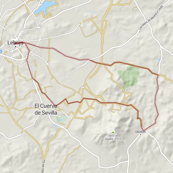 Miniaturní mapa "Štěrková cyklistická trasa kolem Lebrije" inspirace pro cyklisty v oblasti Andalucía, Spain. Vytvořeno pomocí plánovače tras Tarmacs.app