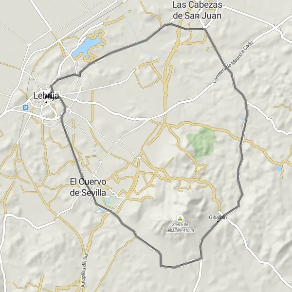 Miniaturní mapa "Kolo kolem Lebrija" inspirace pro cyklisty v oblasti Andalucía, Spain. Vytvořeno pomocí plánovače tras Tarmacs.app