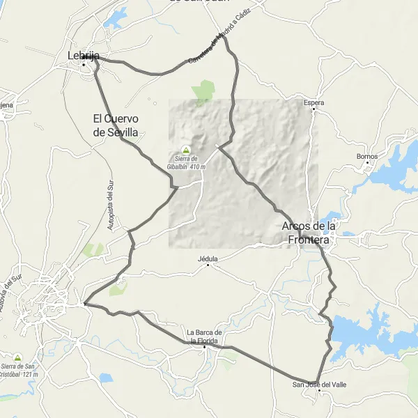 Miniaturní mapa "Cestování po cestě kolem Lebrije" inspirace pro cyklisty v oblasti Andalucía, Spain. Vytvořeno pomocí plánovače tras Tarmacs.app