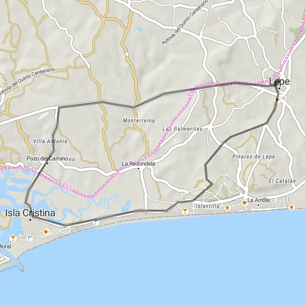 Miniatua del mapa de inspiración ciclista "Ruta de Lepe a Marismas de Isla Cristina" en Andalucía, Spain. Generado por Tarmacs.app planificador de rutas ciclistas