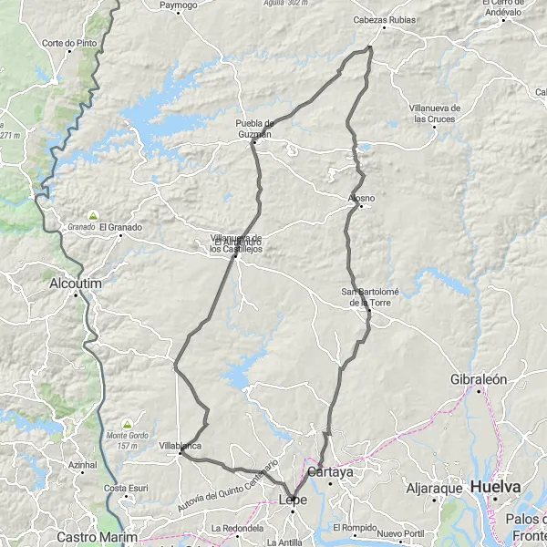 Map miniature of "Road Cycling Adventure from Lepe to La Barca" cycling inspiration in Andalucía, Spain. Generated by Tarmacs.app cycling route planner