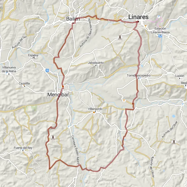 Miniaturní mapa "Gravel okruh Linares - Castillo de Fuentetéjar" inspirace pro cyklisty v oblasti Andalucía, Spain. Vytvořeno pomocí plánovače tras Tarmacs.app