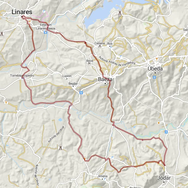 Miniatura mapy "Wędrówka rowerowa do Baeza i dalej" - trasy rowerowej w Andalucía, Spain. Wygenerowane przez planer tras rowerowych Tarmacs.app