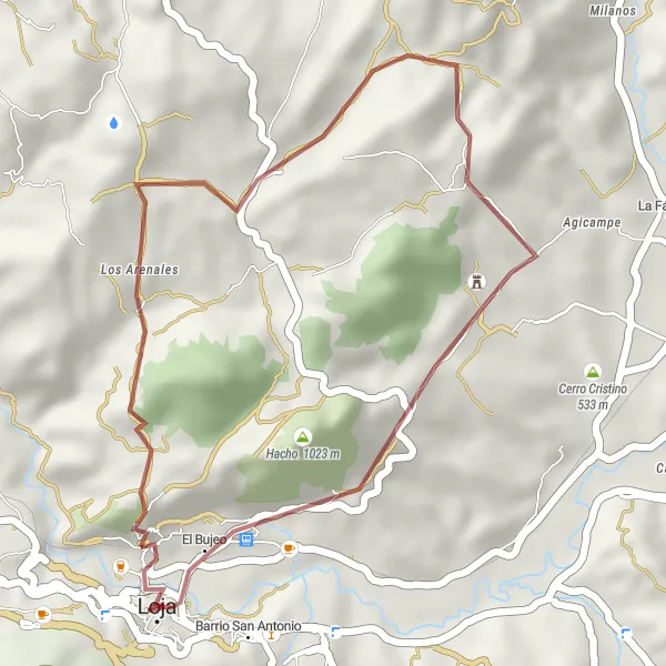 Miniatura della mappa di ispirazione al ciclismo "Sentiero dei Mirador di Loja" nella regione di Andalucía, Spain. Generata da Tarmacs.app, pianificatore di rotte ciclistiche