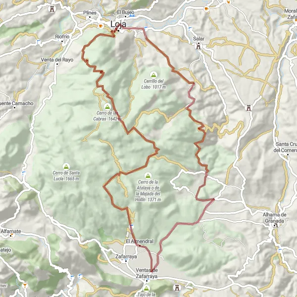 Miniatua del mapa de inspiración ciclista "Aventura en Gravilla de Loja" en Andalucía, Spain. Generado por Tarmacs.app planificador de rutas ciclistas
