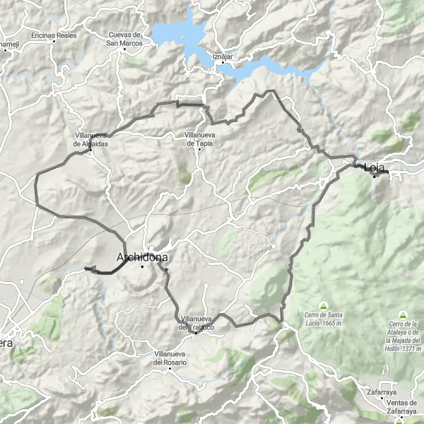 Miniatua del mapa de inspiración ciclista "Ruta de Loja a Villanueva de Algaidas y vuelta" en Andalucía, Spain. Generado por Tarmacs.app planificador de rutas ciclistas
