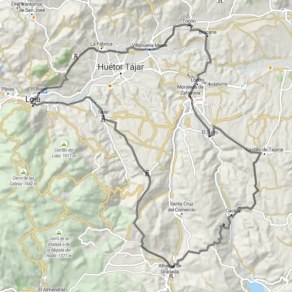 Miniatura della mappa di ispirazione al ciclismo "Giro in bicicletta a Loja e dintorni" nella regione di Andalucía, Spain. Generata da Tarmacs.app, pianificatore di rotte ciclistiche