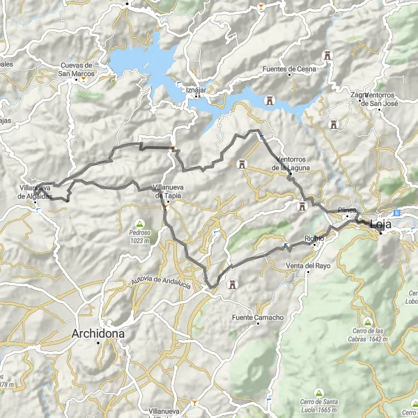 Miniatua del mapa de inspiración ciclista "Ruta de Loja a Villanueva de Algaidas y vuelta" en Andalucía, Spain. Generado por Tarmacs.app planificador de rutas ciclistas