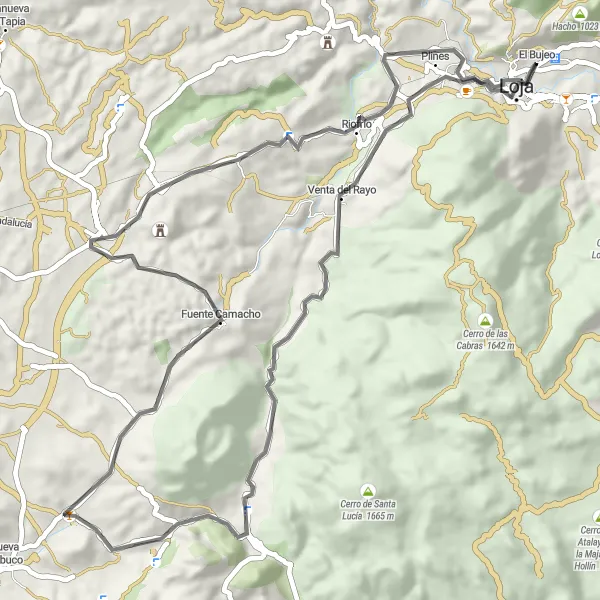 Miniaturní mapa "Road Cycling Route in the Vicinity of Loja" inspirace pro cyklisty v oblasti Andalucía, Spain. Vytvořeno pomocí plánovače tras Tarmacs.app