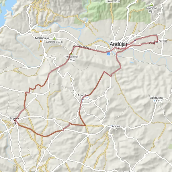 Miniaturekort af cykelinspirationen "Scenisk Grusvej Rute - Lopera til El Montecillo" i Andalucía, Spain. Genereret af Tarmacs.app cykelruteplanlægger