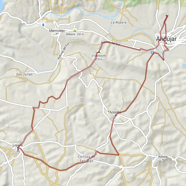 Map miniature of "Gravel Adventure: Lopera and Andújar Exploration" cycling inspiration in Andalucía, Spain. Generated by Tarmacs.app cycling route planner