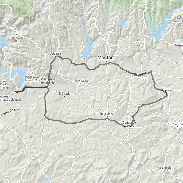 Miniatura della mappa di ispirazione al ciclismo "Giro in bicicletta verso Cordova" nella regione di Andalucía, Spain. Generata da Tarmacs.app, pianificatore di rotte ciclistiche