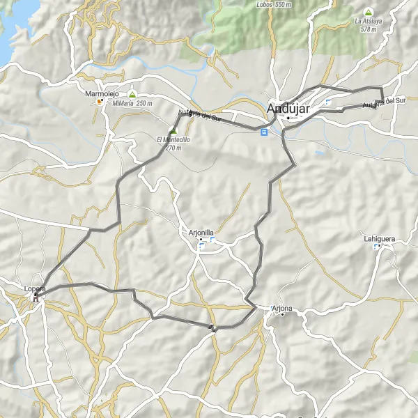 Map miniature of "Lopera to Andújar Loop" cycling inspiration in Andalucía, Spain. Generated by Tarmacs.app cycling route planner