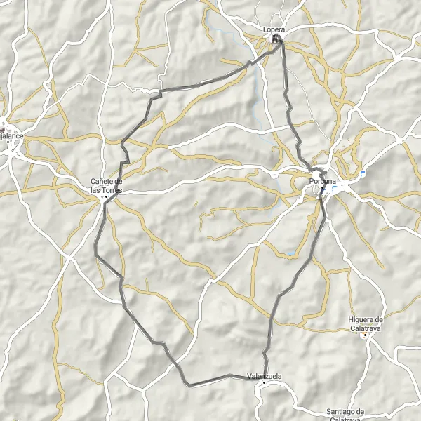Map miniature of "Lopera and Castillo de Lopera Road Route" cycling inspiration in Andalucía, Spain. Generated by Tarmacs.app cycling route planner