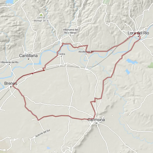 Miniatura mapy "Trasa rowerowa po drogach gruntowych przez Lora del Río" - trasy rowerowej w Andalucía, Spain. Wygenerowane przez planer tras rowerowych Tarmacs.app