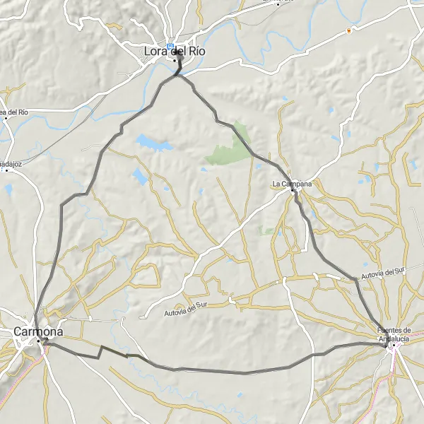 Miniatura mapy "Trasa rowerowa w okolicach Lora del Río - Droga" - trasy rowerowej w Andalucía, Spain. Wygenerowane przez planer tras rowerowych Tarmacs.app