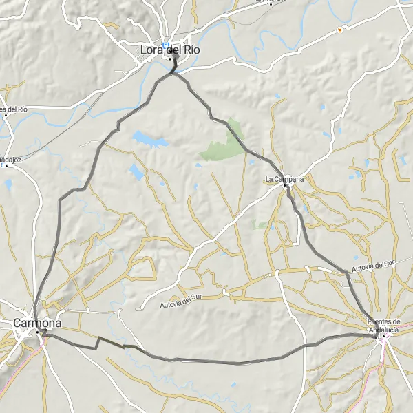 Miniatuurkaart van de fietsinspiratie "La Campana - Carmona Road Route" in Andalucía, Spain. Gemaakt door de Tarmacs.app fietsrouteplanner