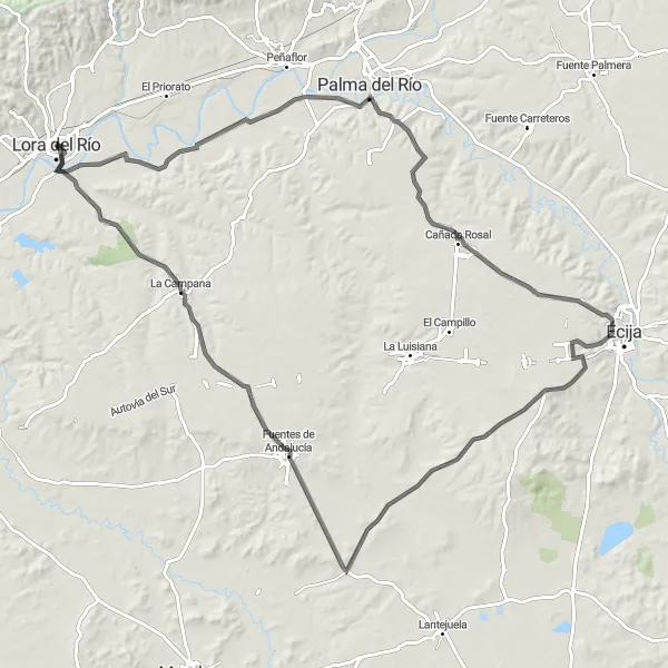 Karten-Miniaturansicht der Radinspiration "Radtour nach Palma del Río und Écija" in Andalucía, Spain. Erstellt vom Tarmacs.app-Routenplaner für Radtouren