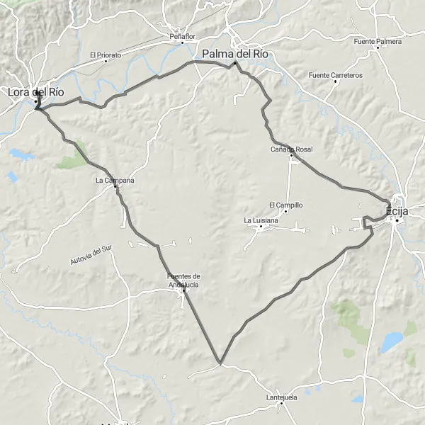 Miniatuurkaart van de fietsinspiratie "Rondrit van Lora del Río naar Palma del Río en terug" in Andalucía, Spain. Gemaakt door de Tarmacs.app fietsrouteplanner