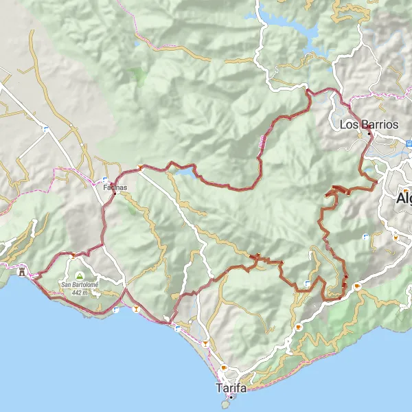 Map miniature of "Los Barrios Gravel Adventure to Puerto de Facinas" cycling inspiration in Andalucía, Spain. Generated by Tarmacs.app cycling route planner