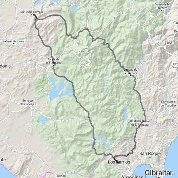 Miniatua del mapa de inspiración ciclista "Ruta de Los Pueblos Blancos y la Sierra de Grazalema" en Andalucía, Spain. Generado por Tarmacs.app planificador de rutas ciclistas