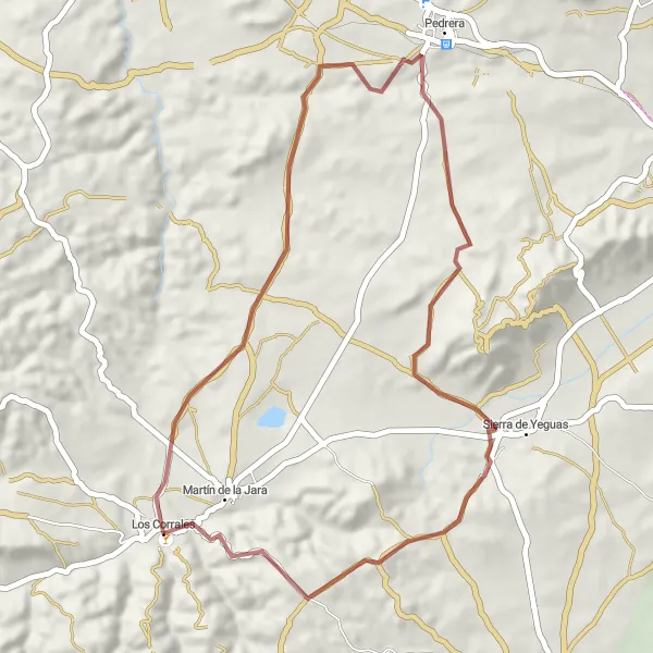 Map miniature of "Exploring Pedrera and Sierra de Yeguas" cycling inspiration in Andalucía, Spain. Generated by Tarmacs.app cycling route planner