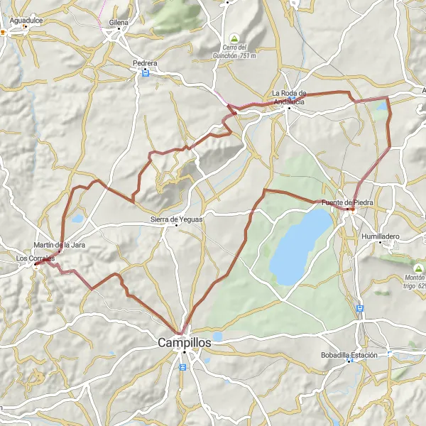 Miniaturní mapa "Gravelová cesta Los Corrales - Campillos" inspirace pro cyklisty v oblasti Andalucía, Spain. Vytvořeno pomocí plánovače tras Tarmacs.app