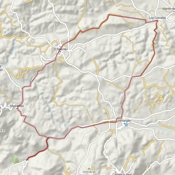 Miniatura della mappa di ispirazione al ciclismo "Ciclabile Gravel a Los Corrales" nella regione di Andalucía, Spain. Generata da Tarmacs.app, pianificatore di rotte ciclistiche