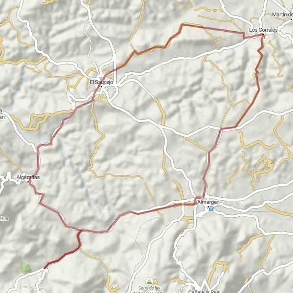 Miniatuurkaart van de fietsinspiratie "Los Corrales - Almargen - Peñón de Montentier - El Saucejo" in Andalucía, Spain. Gemaakt door de Tarmacs.app fietsrouteplanner