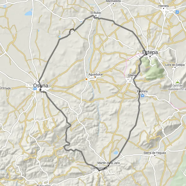 Miniatua del mapa de inspiración ciclista "Ruta Los Corrales - Martín de la Jara" en Andalucía, Spain. Generado por Tarmacs.app planificador de rutas ciclistas