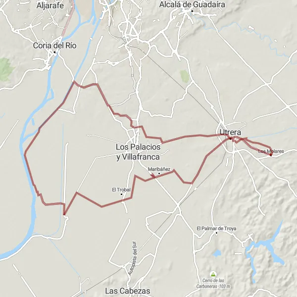 Miniatura della mappa di ispirazione al ciclismo "Percorso in bicicletta sterrato da Los Molares a Utrera" nella regione di Andalucía, Spain. Generata da Tarmacs.app, pianificatore di rotte ciclistiche