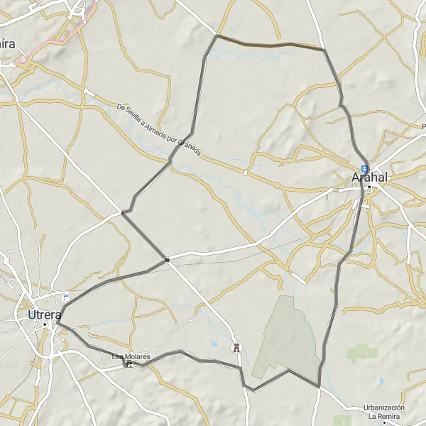 Miniatura della mappa di ispirazione al ciclismo "Road Route from Los Molares" nella regione di Andalucía, Spain. Generata da Tarmacs.app, pianificatore di rotte ciclistiche