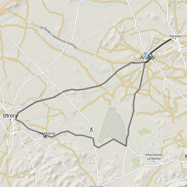 Miniatua del mapa de inspiración ciclista "Ruta en bicicleta desde Los Molares a Utrera" en Andalucía, Spain. Generado por Tarmacs.app planificador de rutas ciclistas