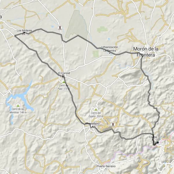 Miniatura della mappa di ispirazione al ciclismo "Giro in bicicletta da Morón de la Frontera a Castillo de los Molares" nella regione di Andalucía, Spain. Generata da Tarmacs.app, pianificatore di rotte ciclistiche