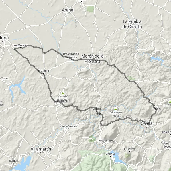 Miniatura della mappa di ispirazione al ciclismo "Tour in bici su strada tra Morón de la Frontera e Castillo de los Molares" nella regione di Andalucía, Spain. Generata da Tarmacs.app, pianificatore di rotte ciclistiche