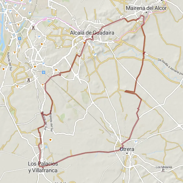 Miniaturní mapa "Gravel Route to Utrera" inspirace pro cyklisty v oblasti Andalucía, Spain. Vytvořeno pomocí plánovače tras Tarmacs.app