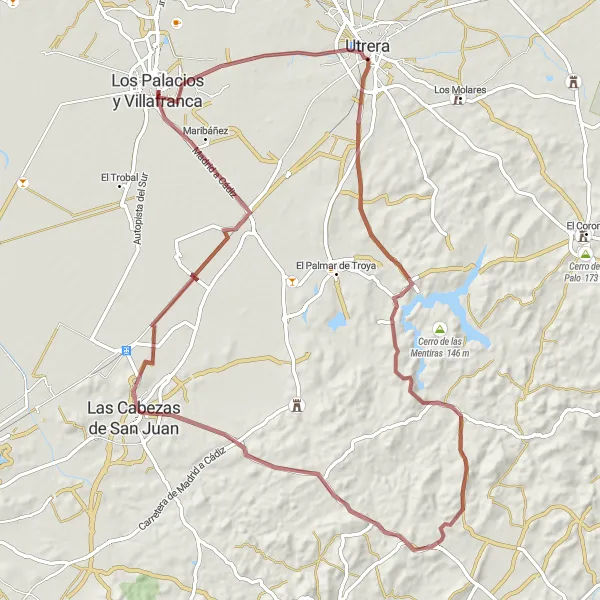 Miniaturní mapa "Gravel Route to Las Cabezas de San Juan" inspirace pro cyklisty v oblasti Andalucía, Spain. Vytvořeno pomocí plánovače tras Tarmacs.app