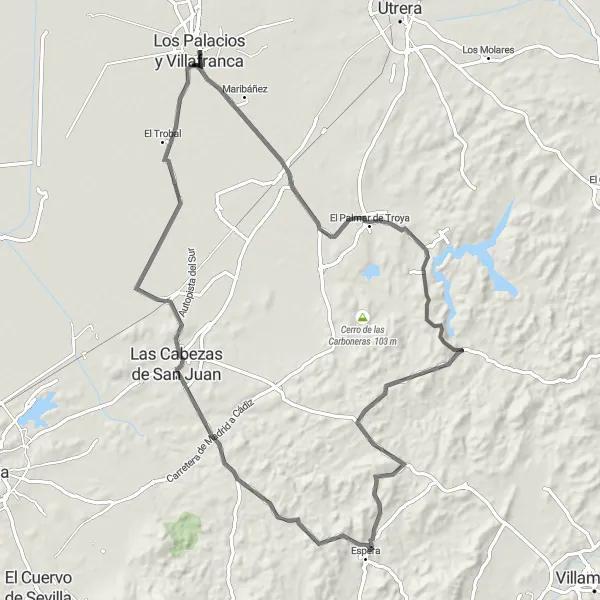 Miniatua del mapa de inspiración ciclista "Ruta de Los Palacios y Villafranca - El Trobal" en Andalucía, Spain. Generado por Tarmacs.app planificador de rutas ciclistas