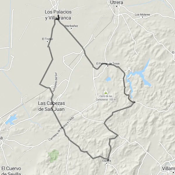 Map miniature of "Road Cycling Adventure from Los Palacios y Villafranca" cycling inspiration in Andalucía, Spain. Generated by Tarmacs.app cycling route planner