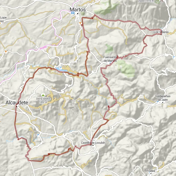 Miniatura della mappa di ispirazione al ciclismo "Lungo Percorso Gravel tra Los Villares e Alcaudete" nella regione di Andalucía, Spain. Generata da Tarmacs.app, pianificatore di rotte ciclistiche