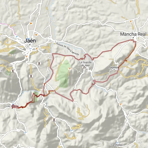 Miniatua del mapa de inspiración ciclista "Ruta de Grava desde Los Villares a Pegalajar" en Andalucía, Spain. Generado por Tarmacs.app planificador de rutas ciclistas