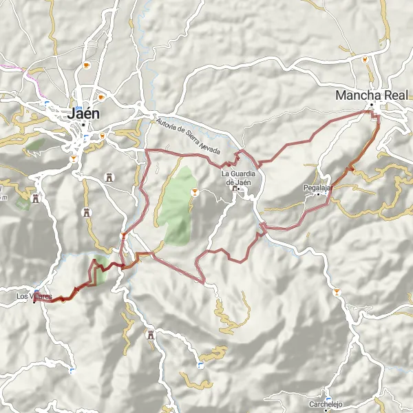 Map miniature of "Los Villares- Pegalajar Gravel Cycling Route" cycling inspiration in Andalucía, Spain. Generated by Tarmacs.app cycling route planner