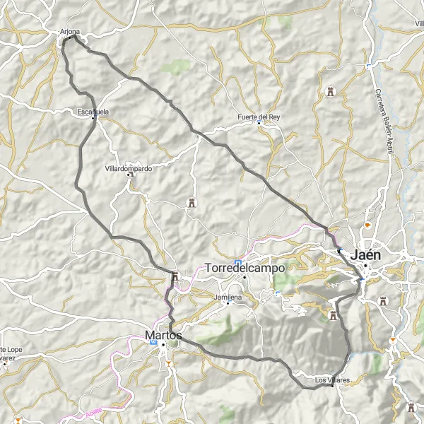 Miniature de la carte de l'inspiration cycliste "Circuit des Châteaux et Tours" dans la Andalucía, Spain. Générée par le planificateur d'itinéraire cycliste Tarmacs.app