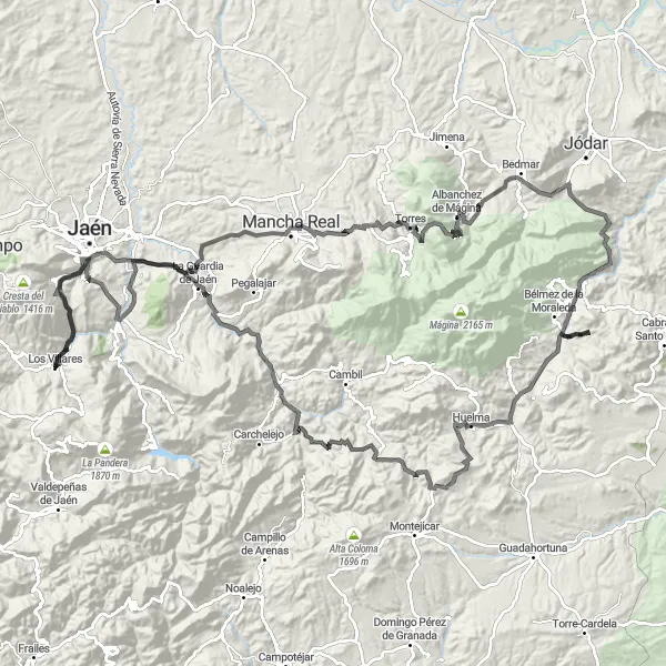 Miniatua del mapa de inspiración ciclista "Ruta de Carretera desde Los Villares al Balneario de Jabalcuz" en Andalucía, Spain. Generado por Tarmacs.app planificador de rutas ciclistas
